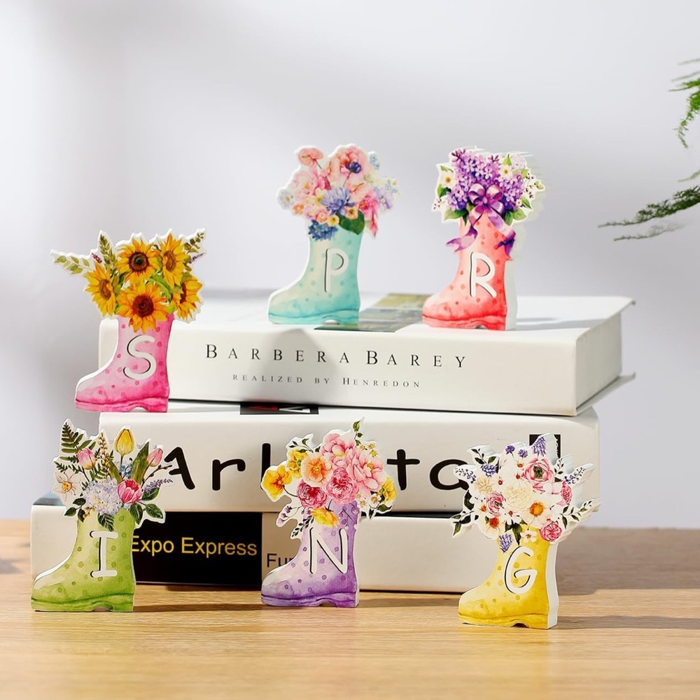 Spring Wooden Block Sign, 6Pcs Wooden Tabletop Spring Signs Flowers Decor
